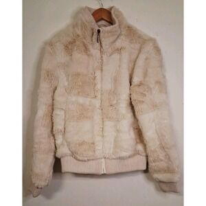 Vintages 90s Y2K Faux Fur Jacket Patchwork Cream Ivory Winter Coat Full Zip Glam